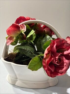 Rose Artificial Arrangement in White Ceramic Basket half moon bay California